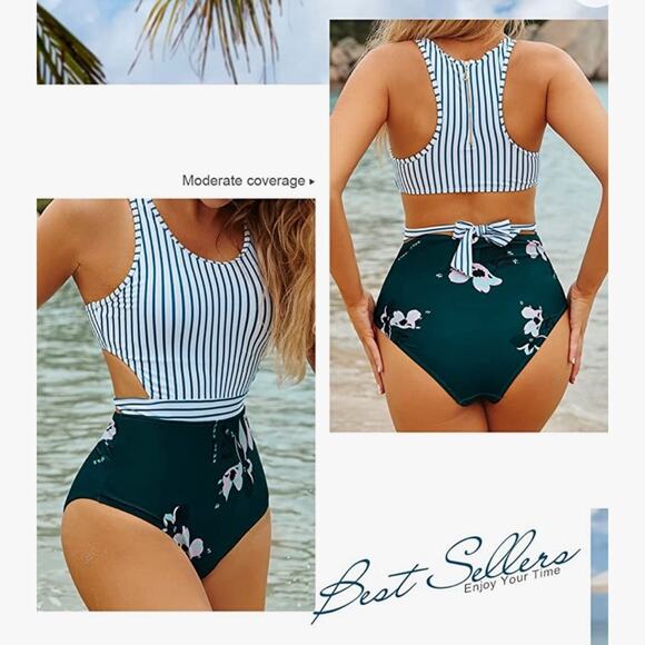 Floral Striped Monokini High-Waisted Racerback - Picture 3 of 8